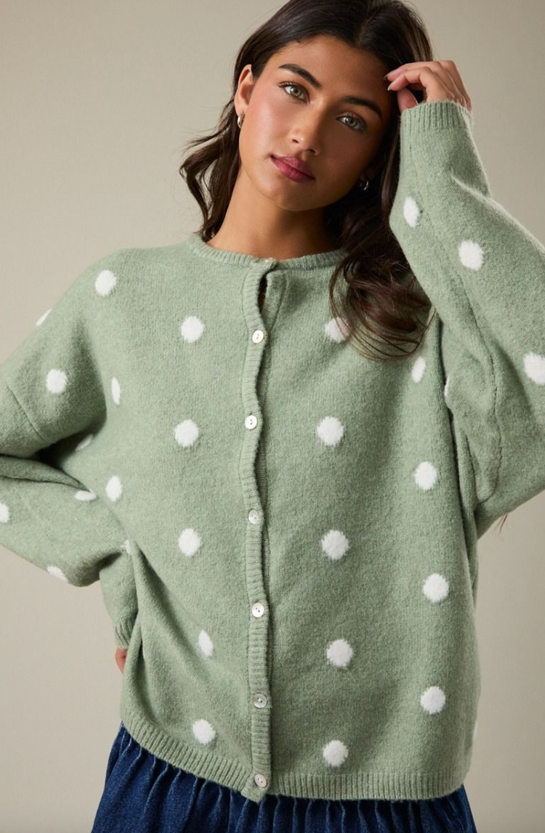 Polka Dot Cardigan Sweater Sage/Ivory - Clothe Boutique