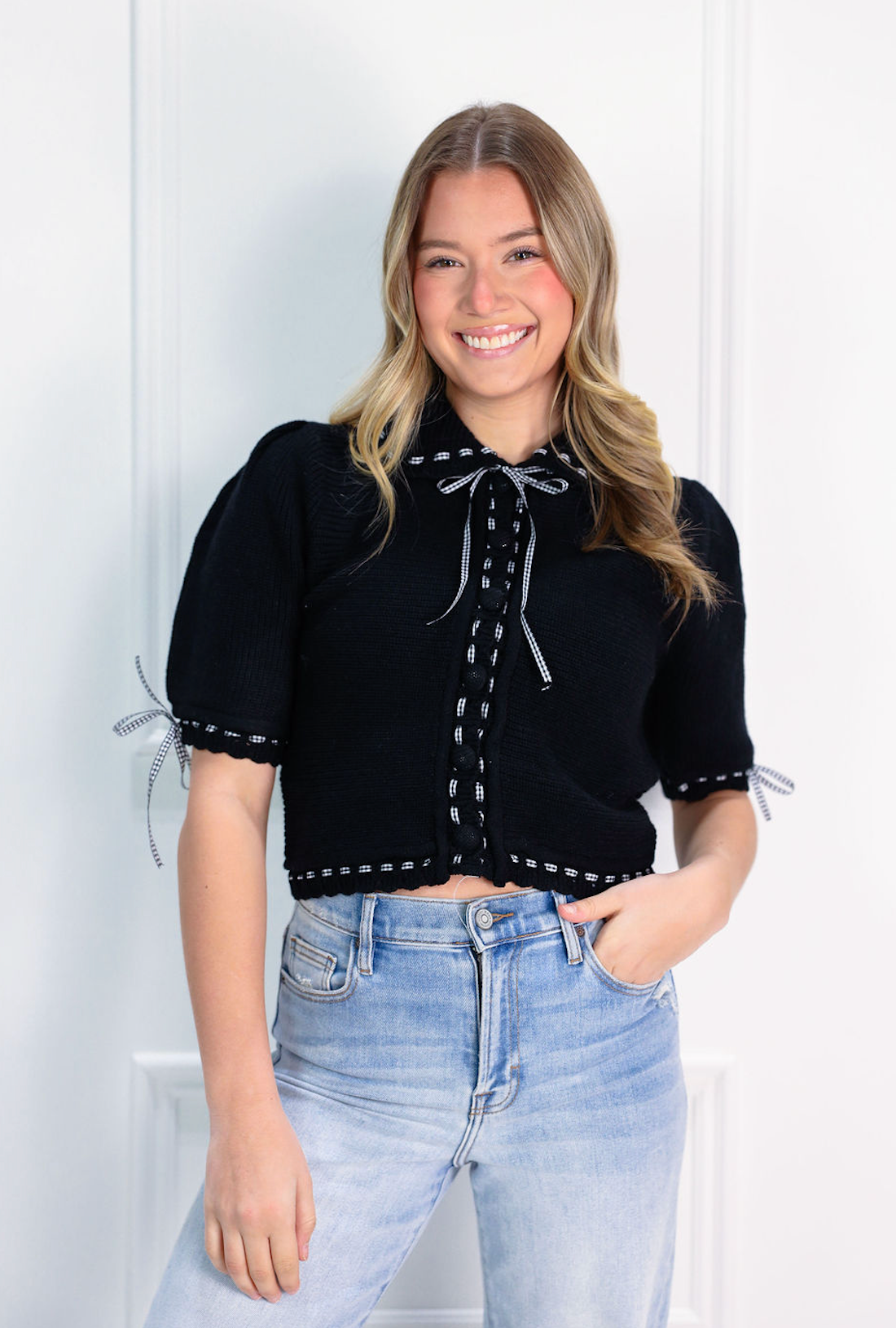 Lily Crochet Scallop Knit Top Black