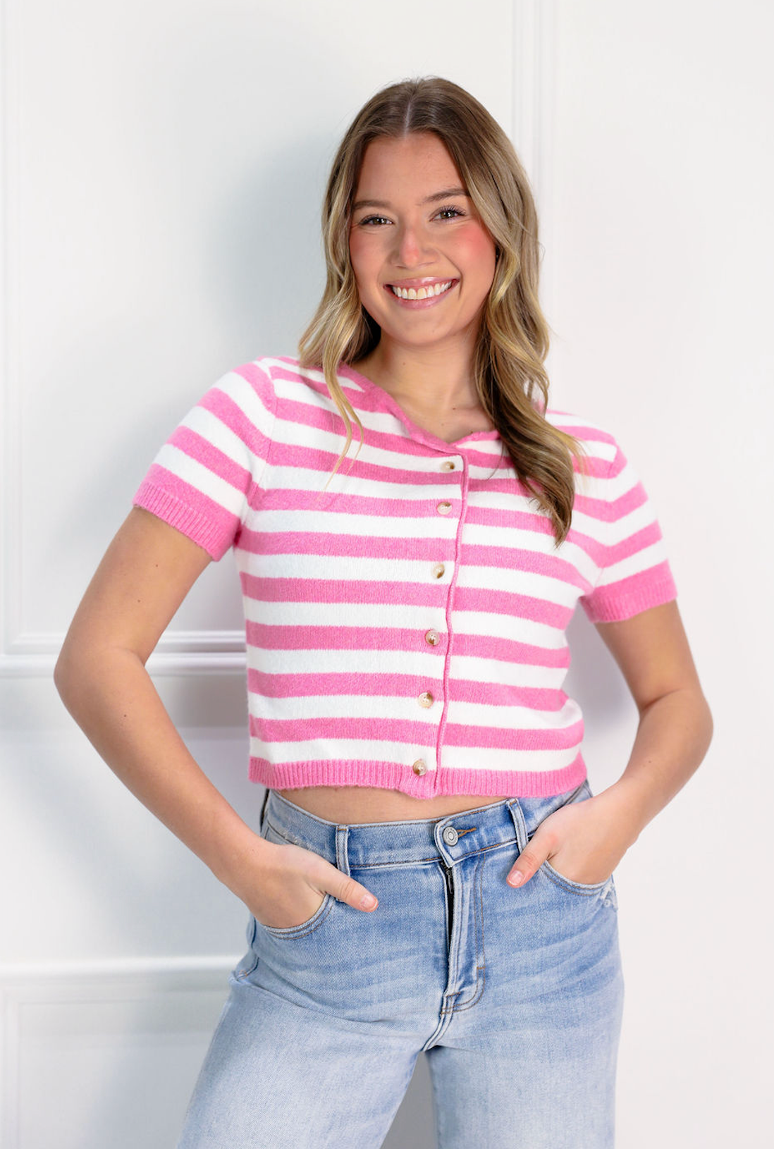 Pink/White Stripe Short Sleeve Sweater