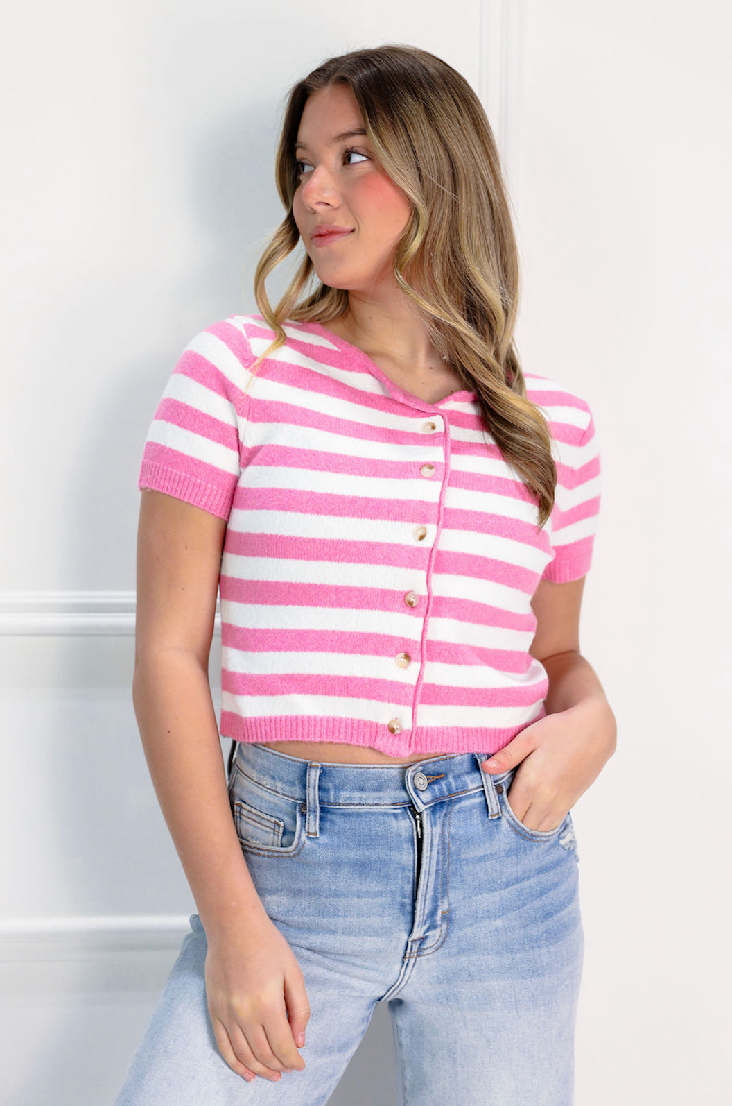 Pink/White Stripe Short Sleeve Sweater