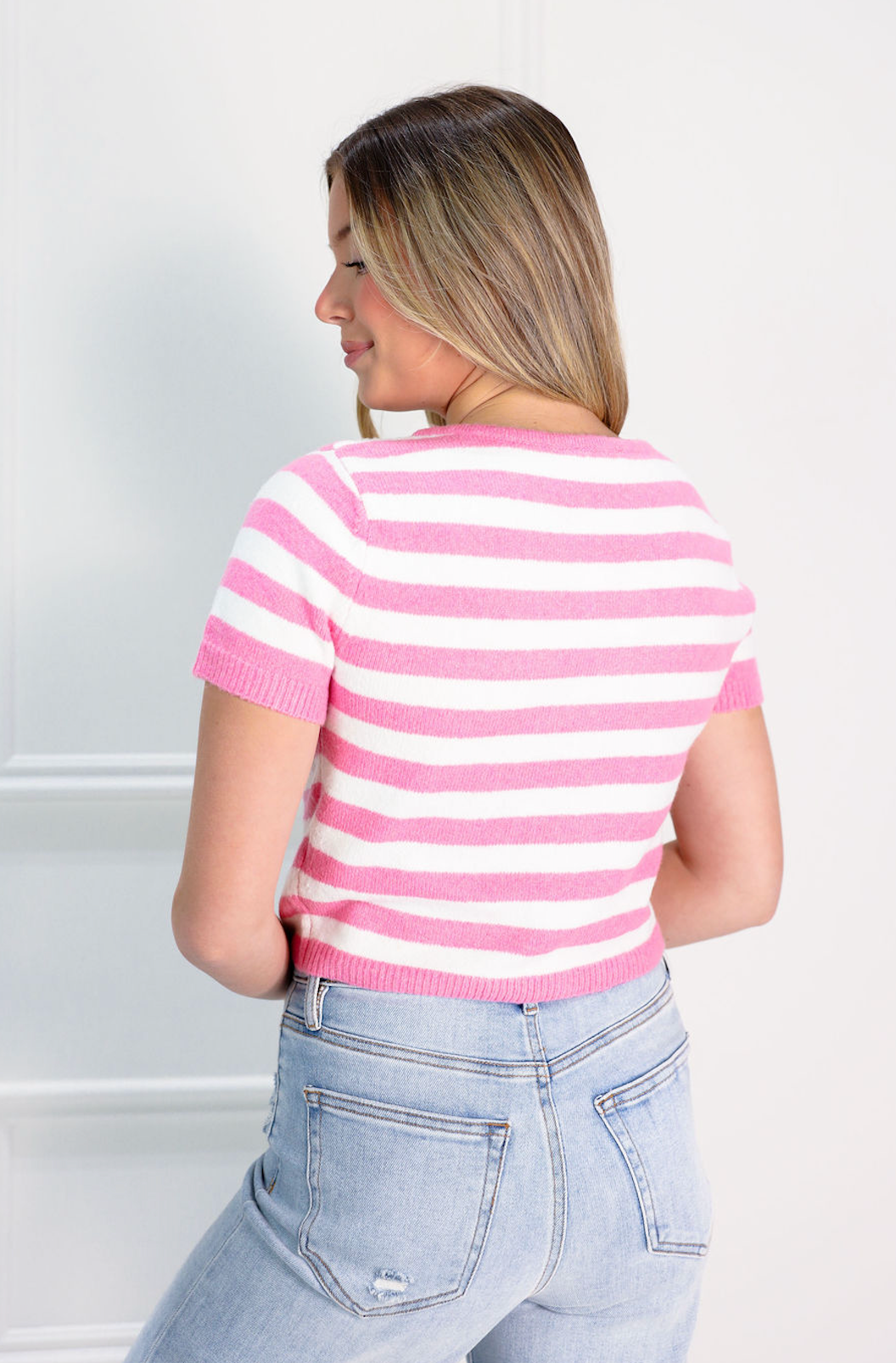 Pink/White Stripe Short Sleeve Sweater