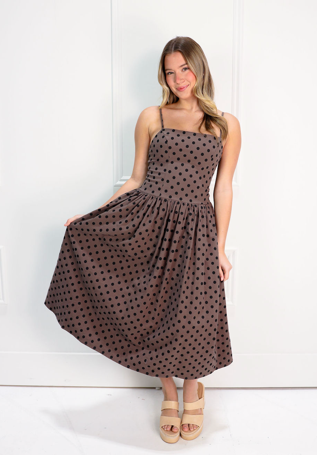Brown Polka Dot Drop Waist Midi Dress