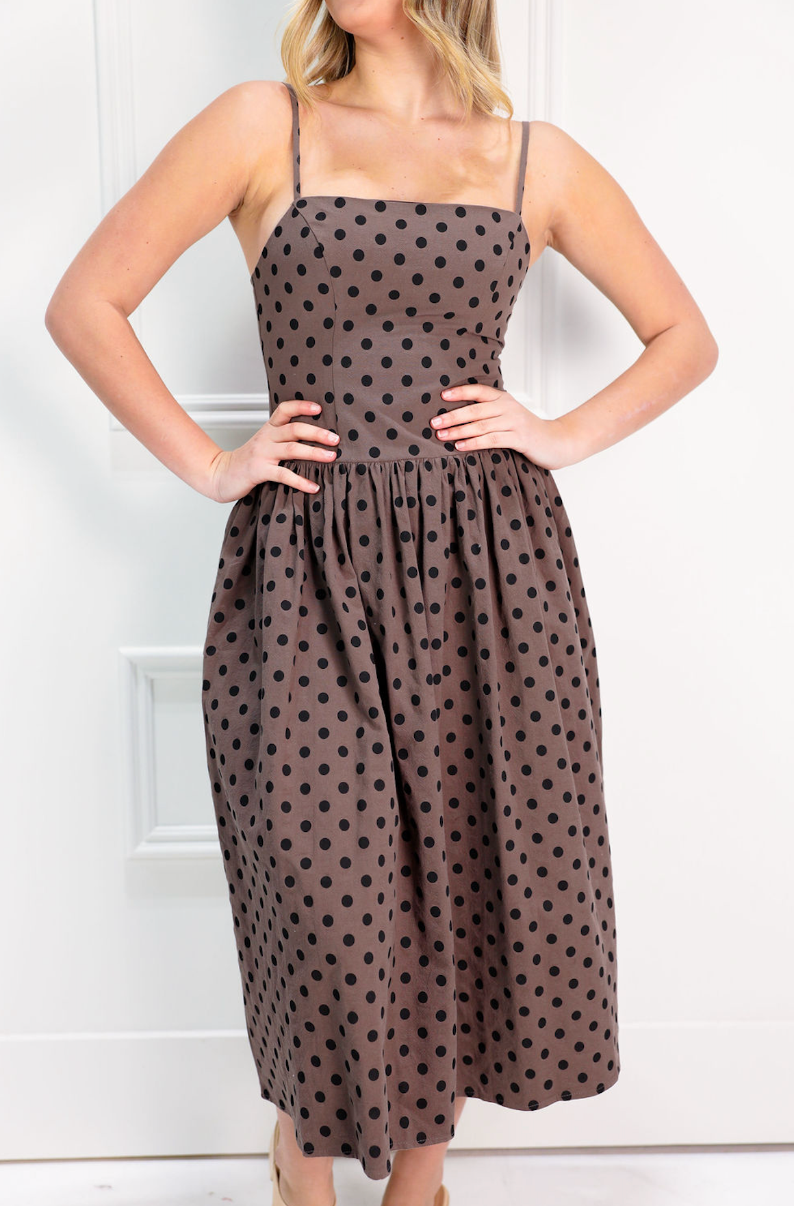 Brown Polka Dot Drop Waist Midi Dress