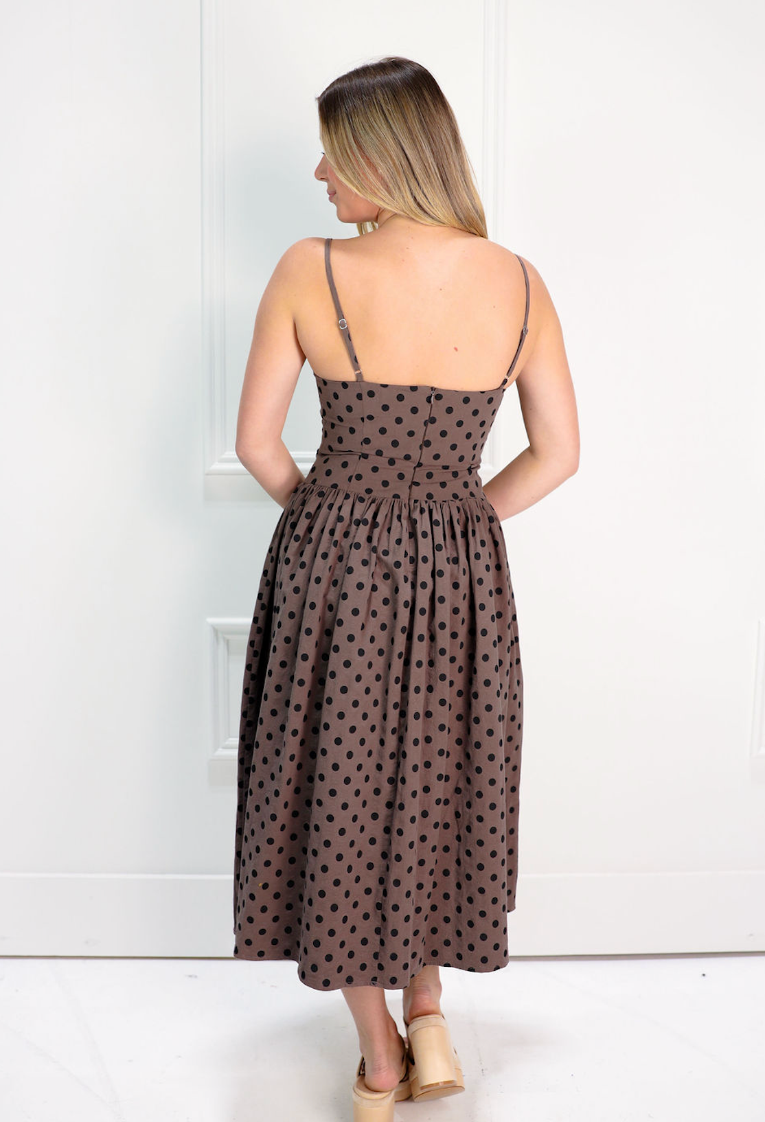 Brown Polka Dot Drop Waist Midi Dress