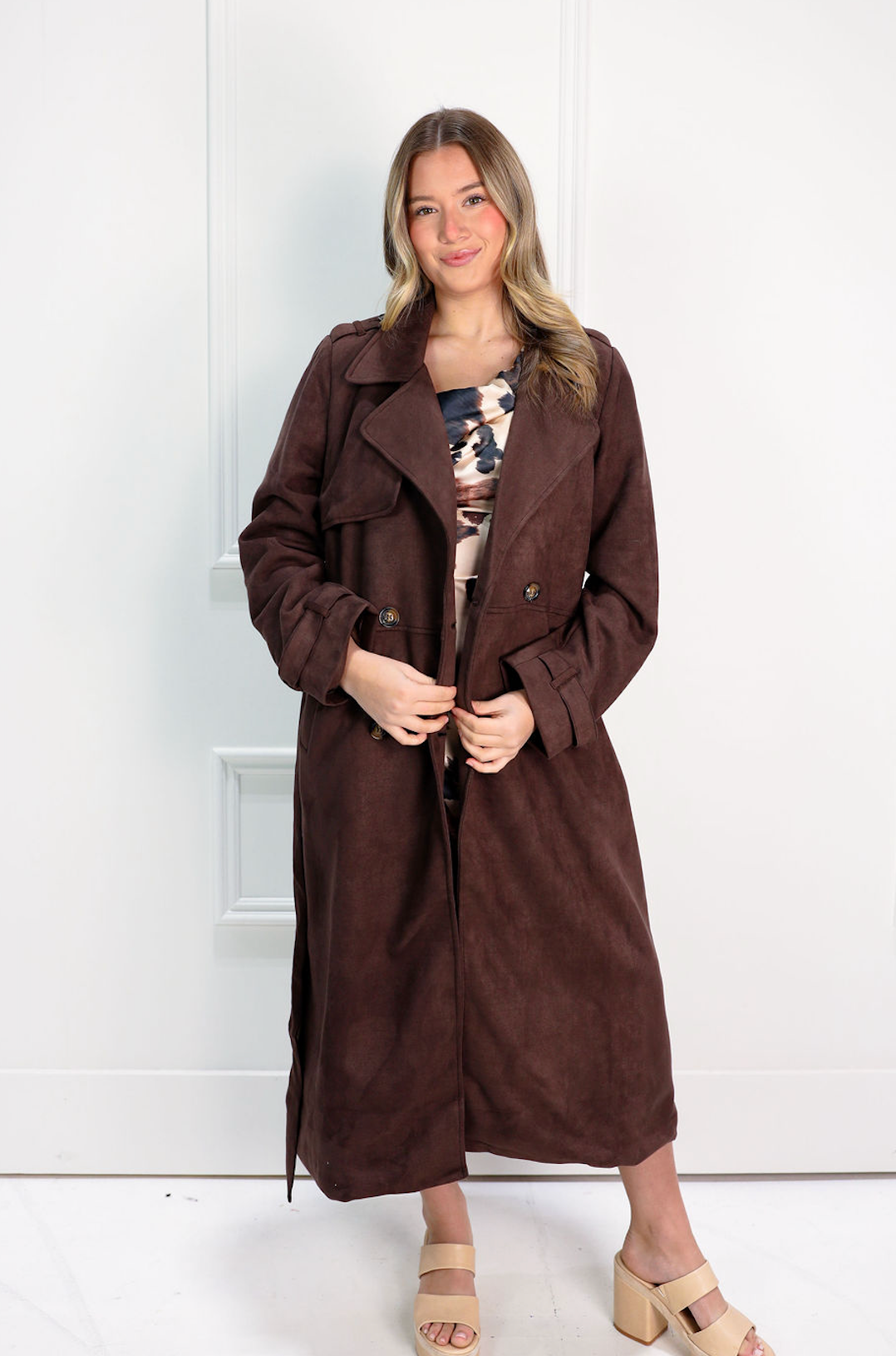 Brown Suede Long Trench Coat
