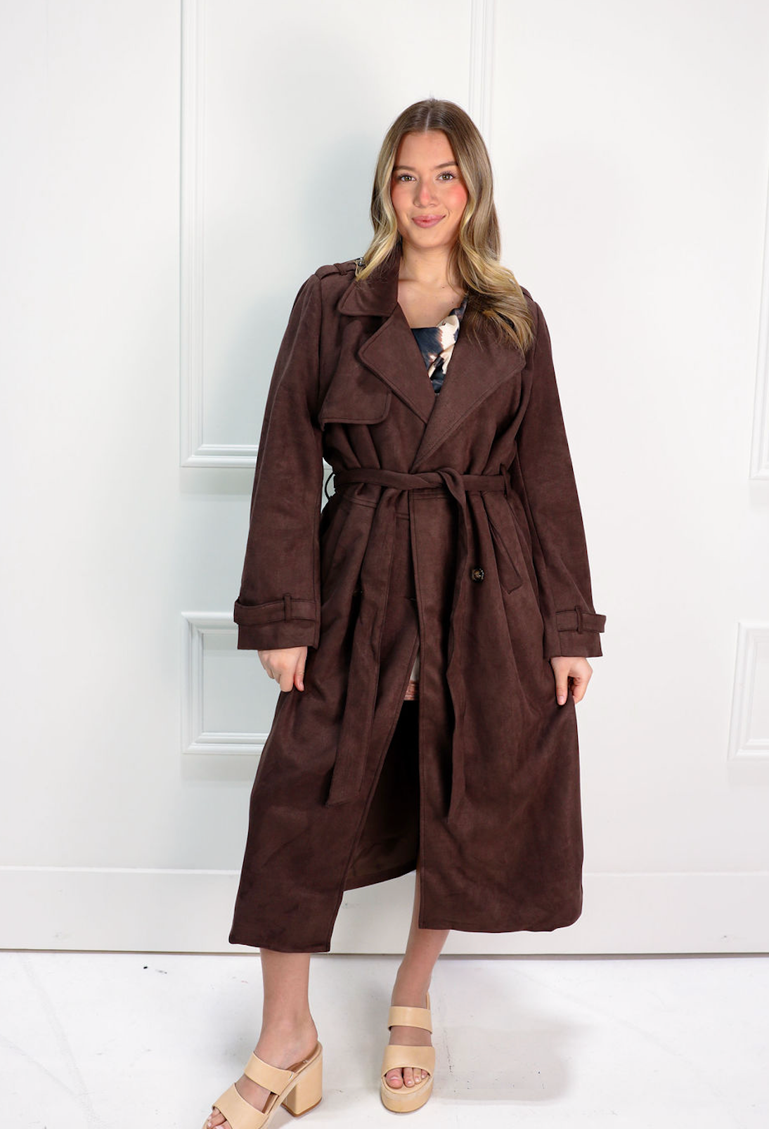 Brown Suede Long Trench Coat