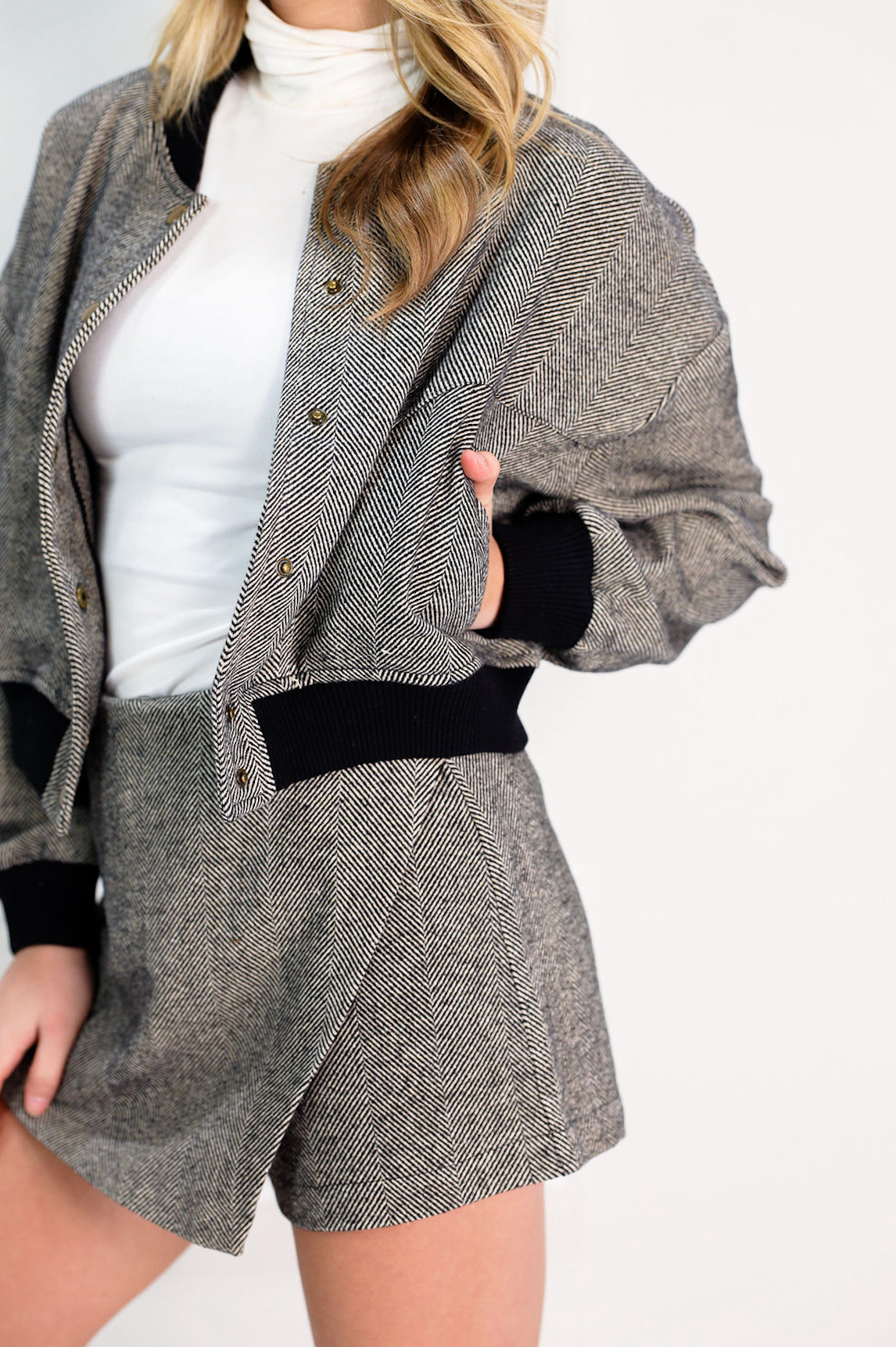 Black Herringbone Bomber Jacket