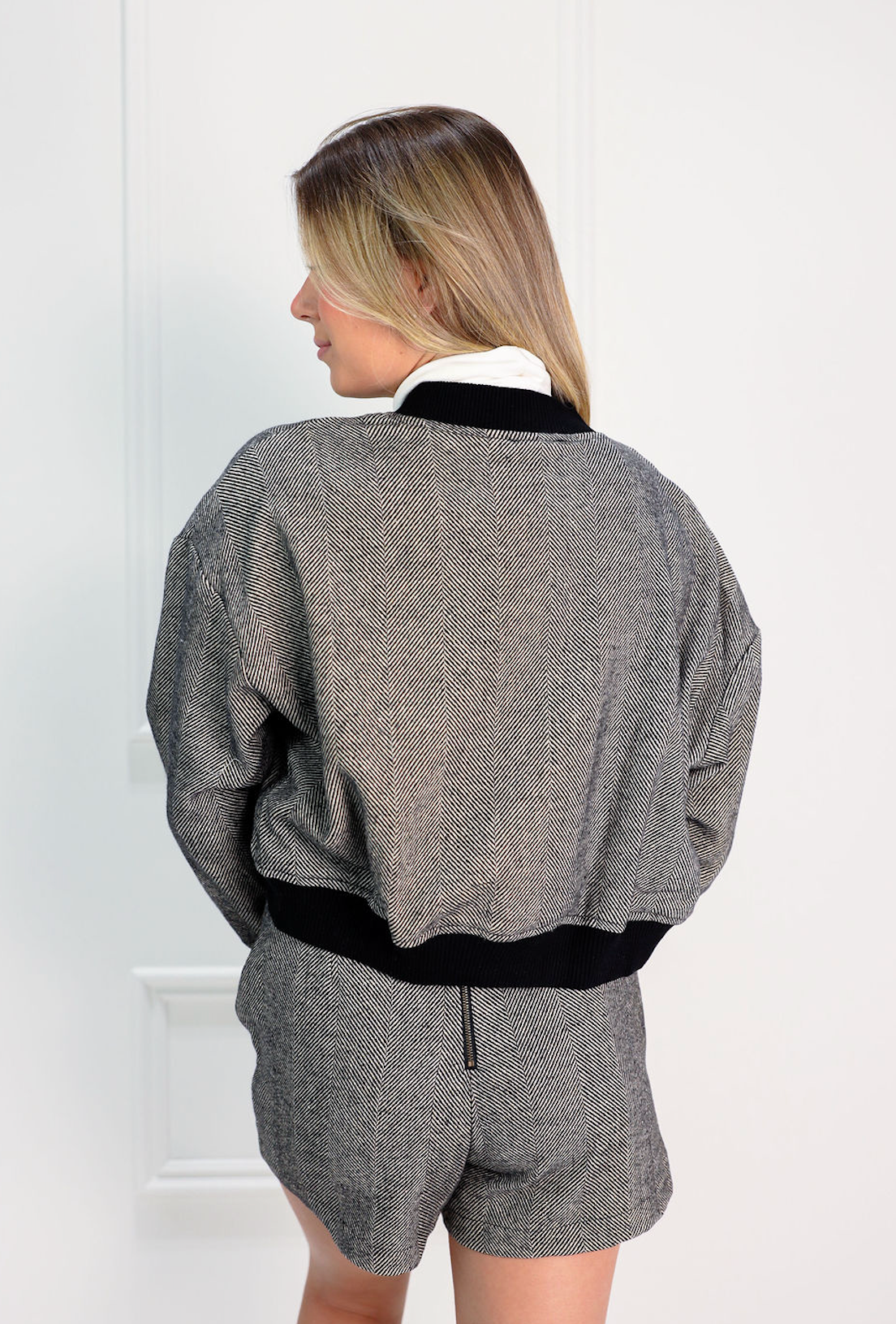 Black Herringbone Bomber Jacket