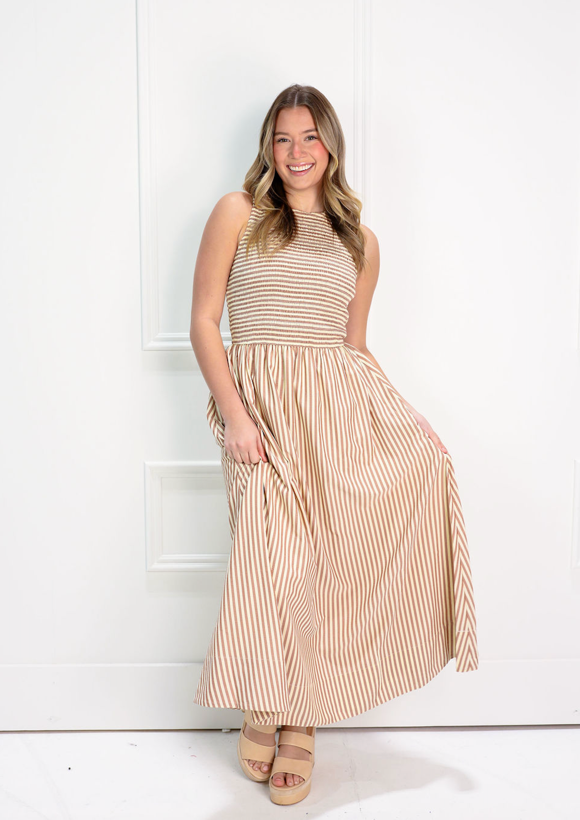 Striped Smocking Maxi Dress Brown - Clothe Boutique
