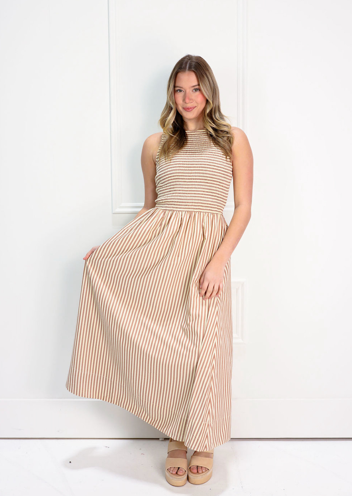 Striped Smocking Maxi Dress Brown - Clothe Boutique