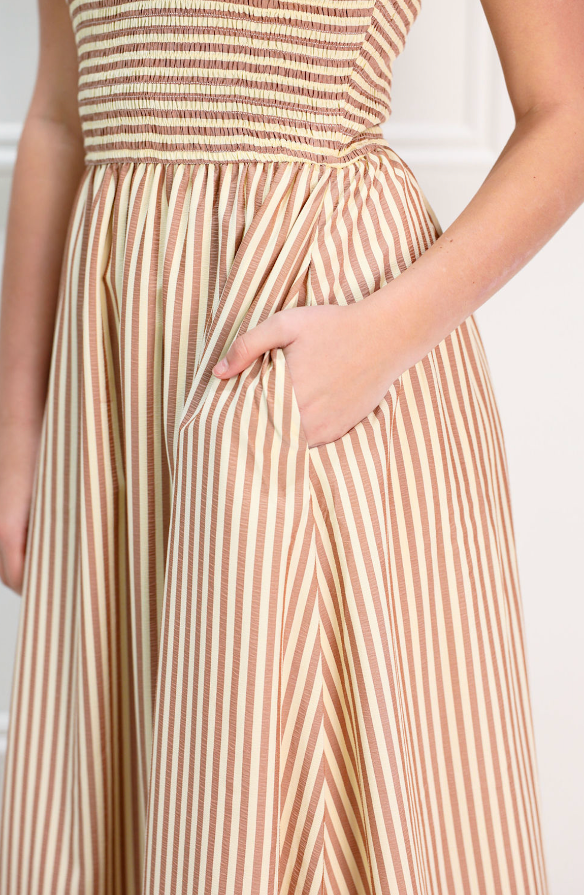Striped Smocking Maxi Dress Brown - Clothe Boutique