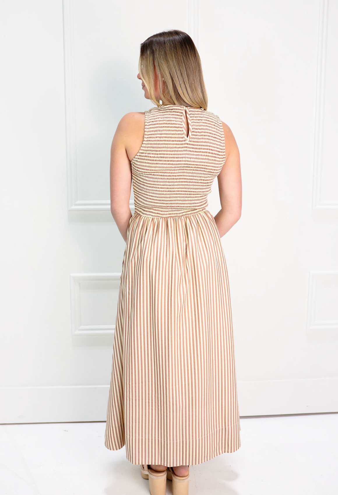 Striped Smocking Maxi Dress Brown - Clothe Boutique