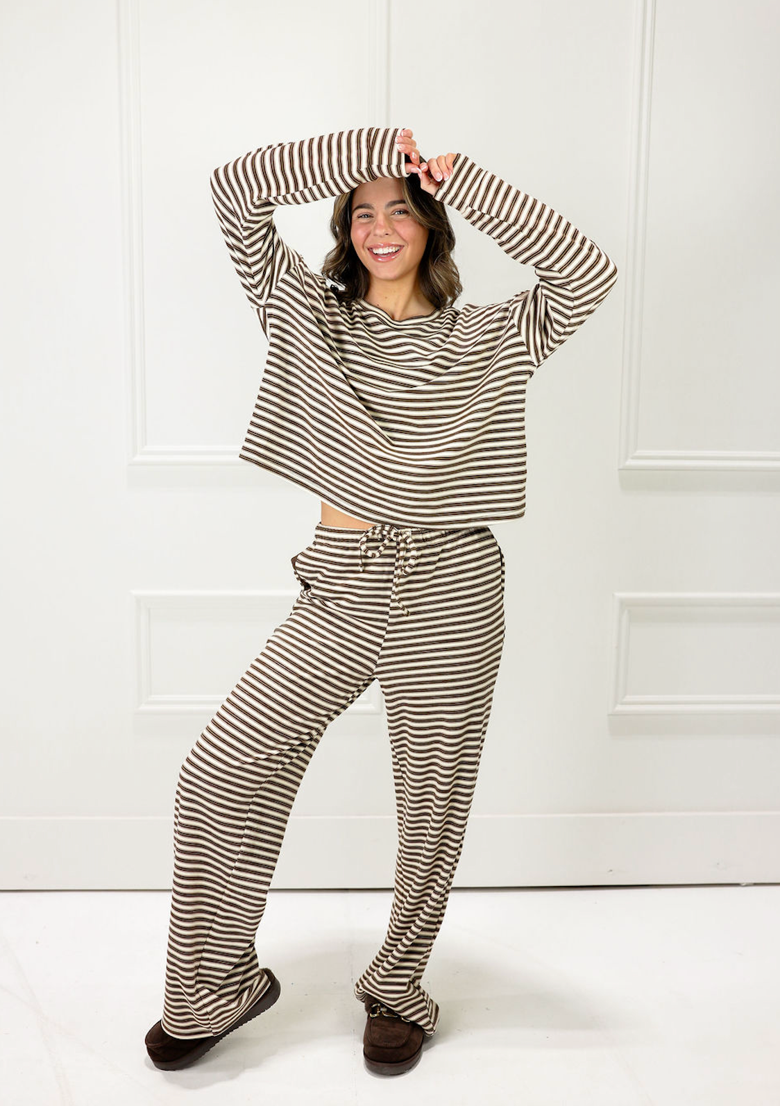 Cozy Stripe Lounge Set Of 2 Chocolate - Clothe Boutique