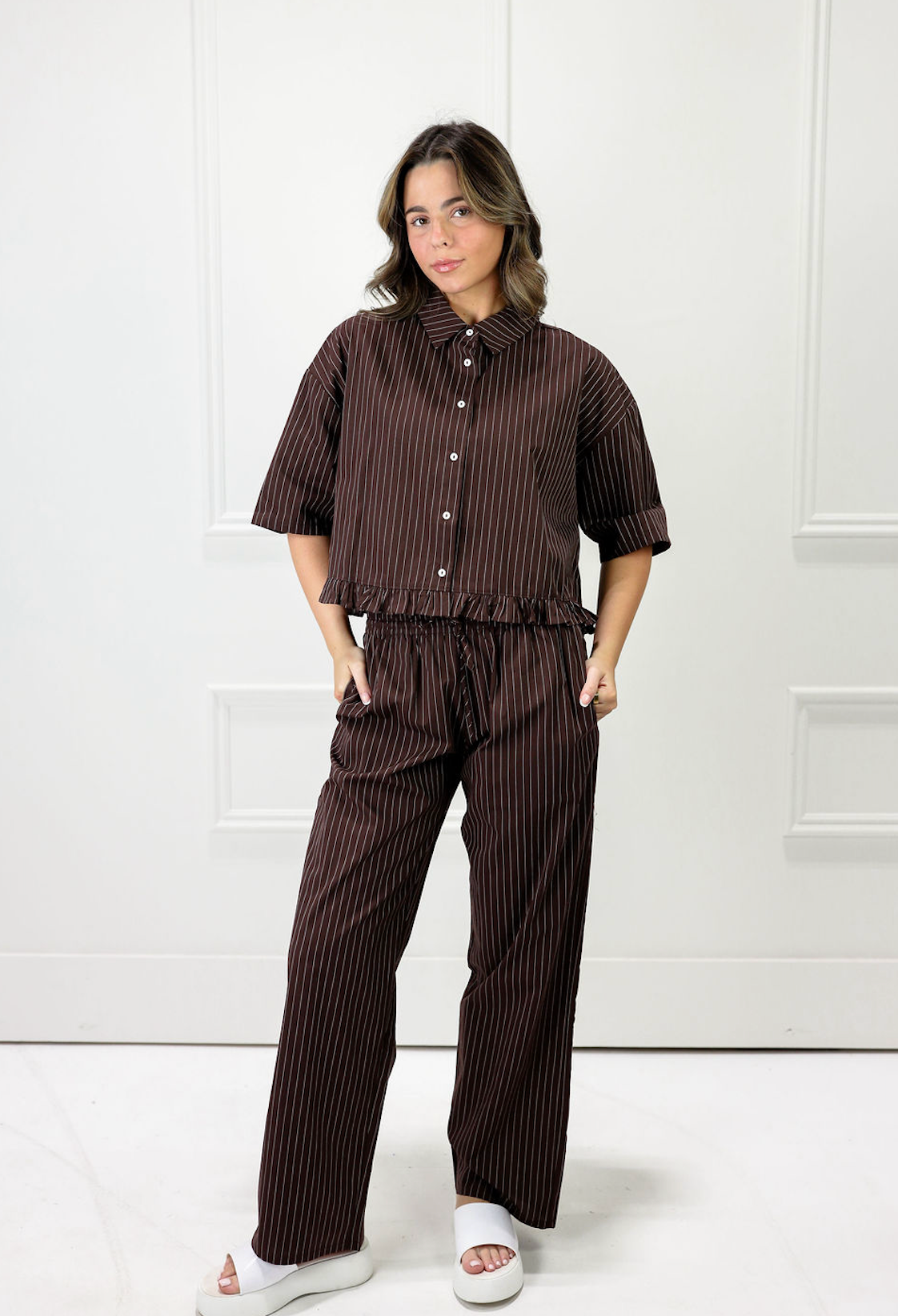 Chocolate Stripe Ruffle Hem Blouse - Clothe Boutique