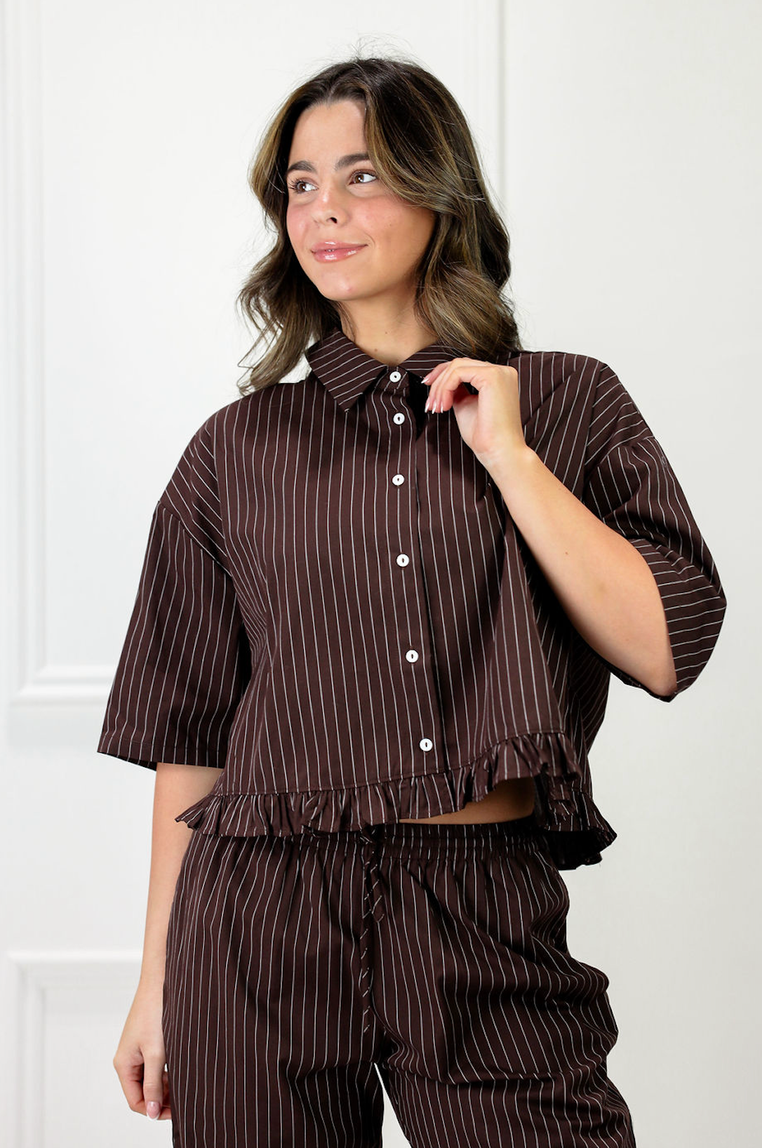 Chocolate Stripe Ruffle Hem Blouse - Clothe Boutique