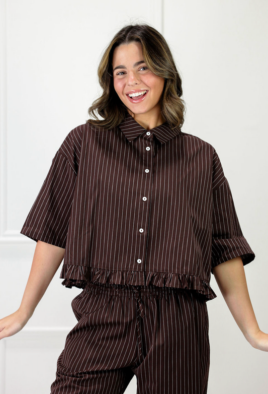 Chocolate Stripe Ruffle Hem Blouse - Clothe Boutique