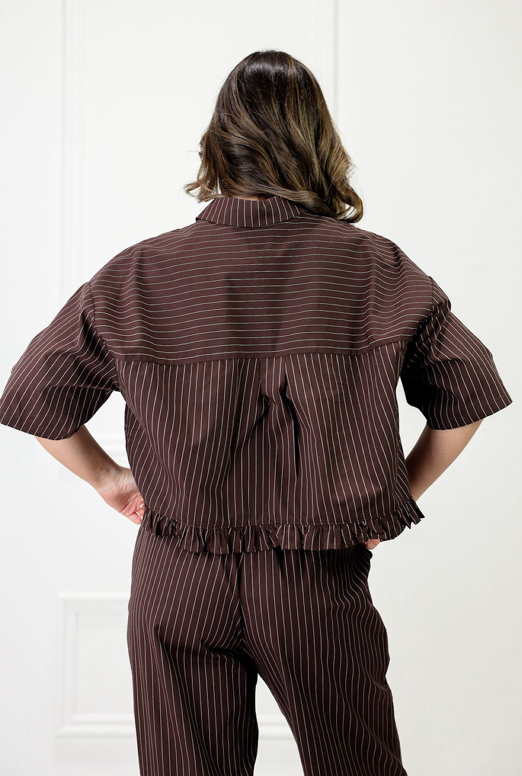 Chocolate Stripe Ruffle Hem Blouse - Clothe Boutique