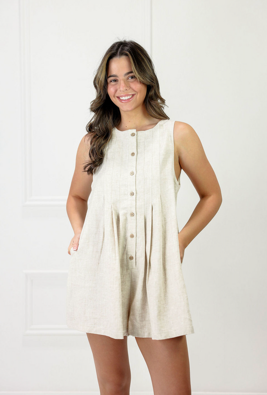 Linen Pleated Front Button Romper Oatmeal - Clothe Boutique