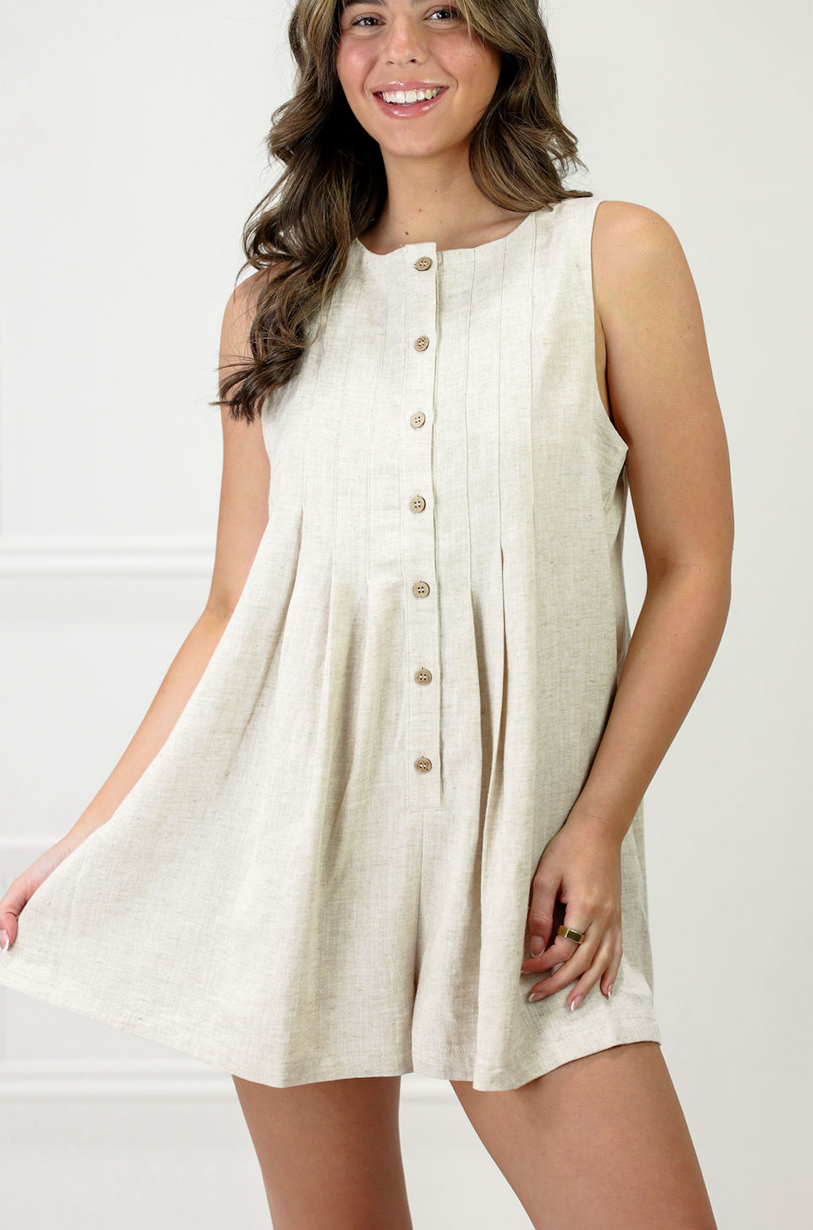 Linen Pleated Front Button Romper Oatmeal - Clothe Boutique