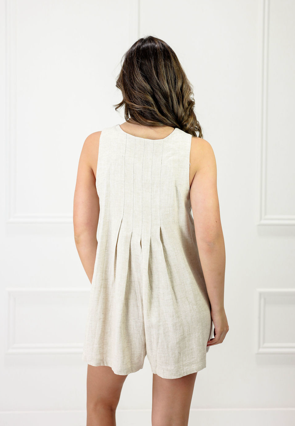 Linen Pleated Front Button Romper Oatmeal - Clothe Boutique