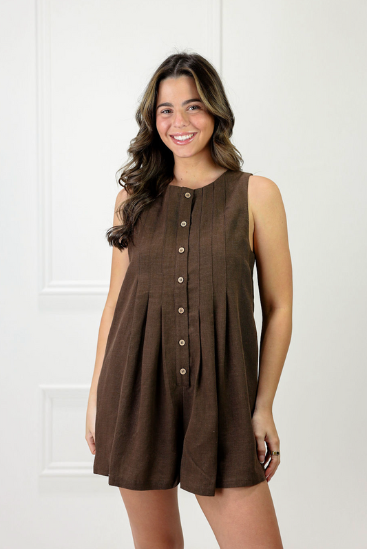 Linen Pleated Front Button Romper Brown - Clothe Boutique