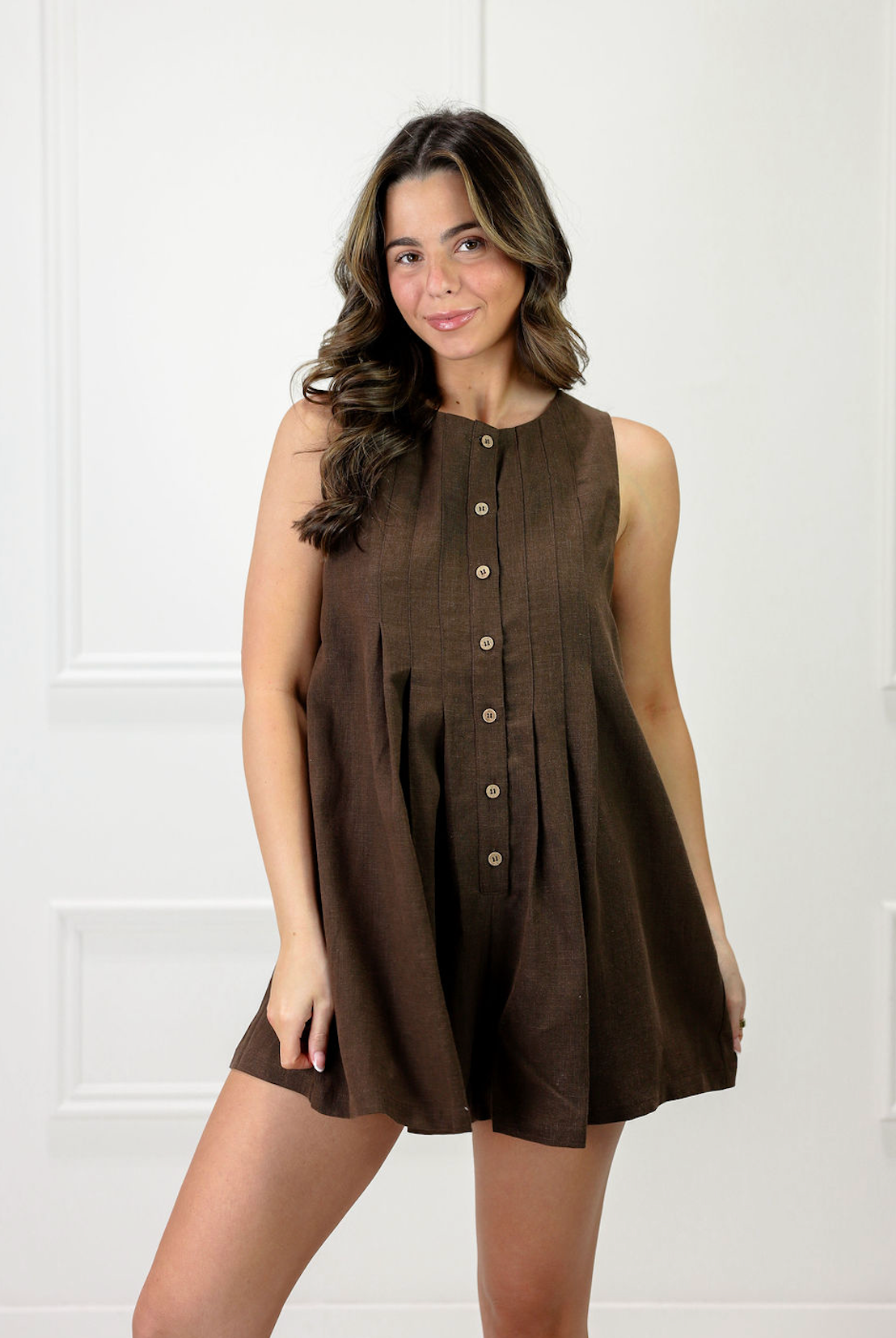 Linen Pleated Front Button Romper Brown - Clothe Boutique