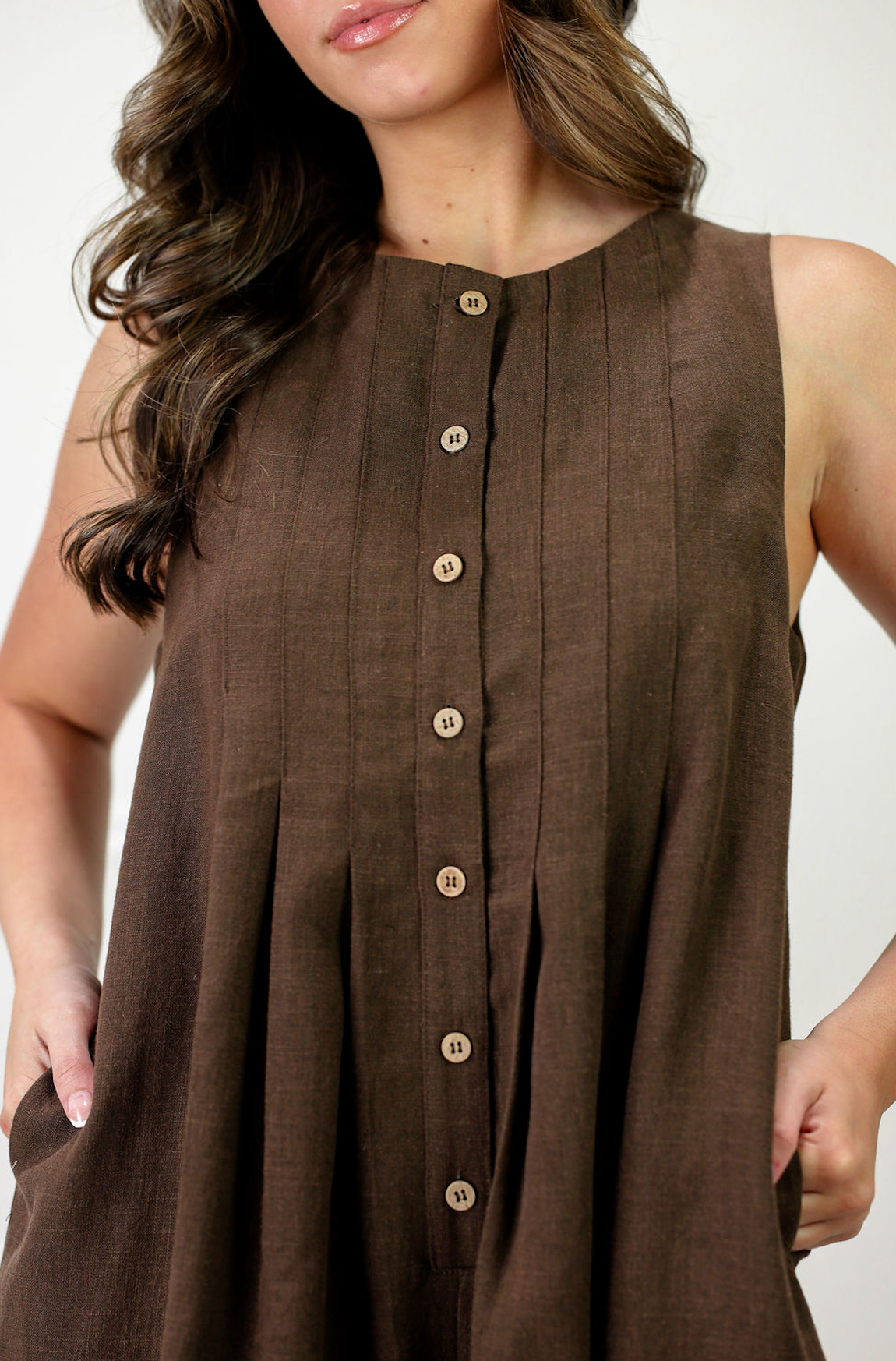 Linen Pleated Front Button Romper Brown - Clothe Boutique