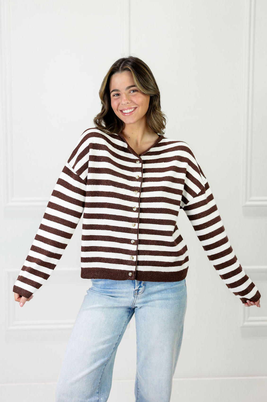 Brown/White Striped Soft Knit Cardigan - Clothe Boutique