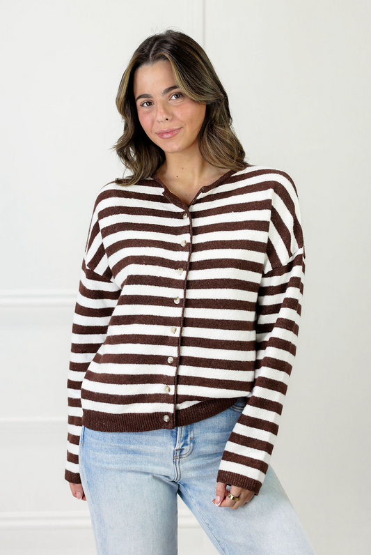 Brown/White Striped Soft Knit Cardigan - Clothe Boutique