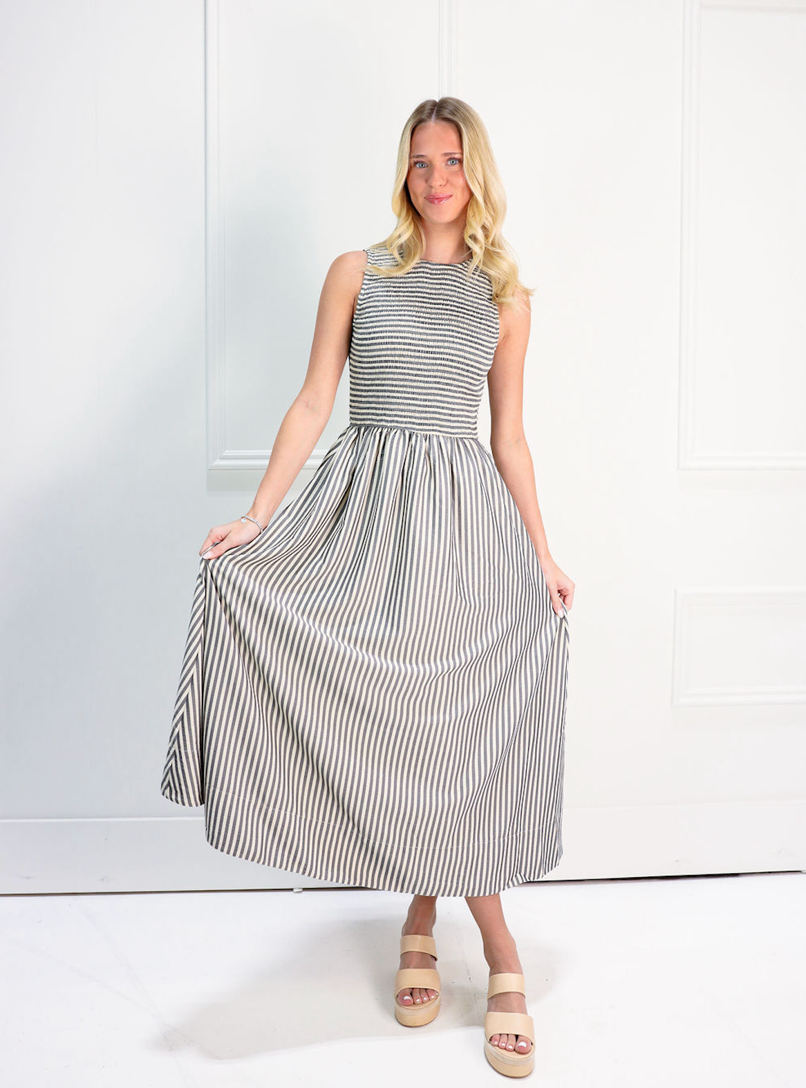 Striped Smocking Maxi Dress Black - Clothe Boutique
