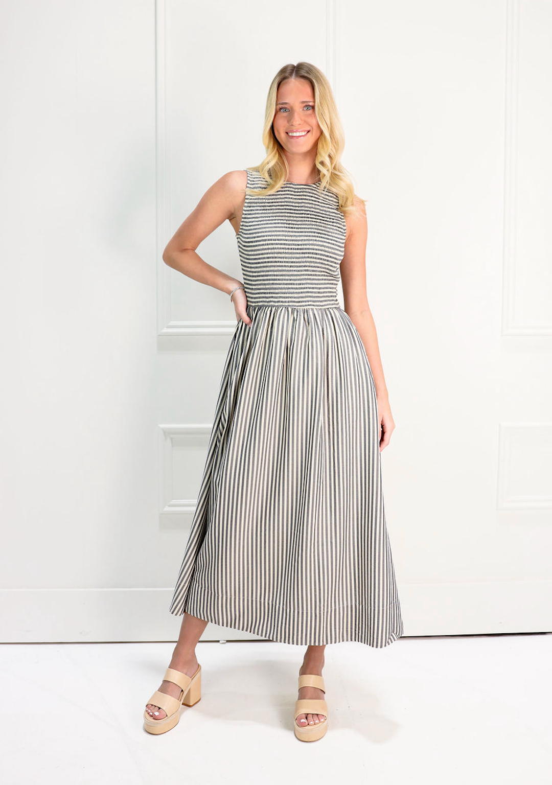 Striped Smocking Maxi Dress Black - Clothe Boutique