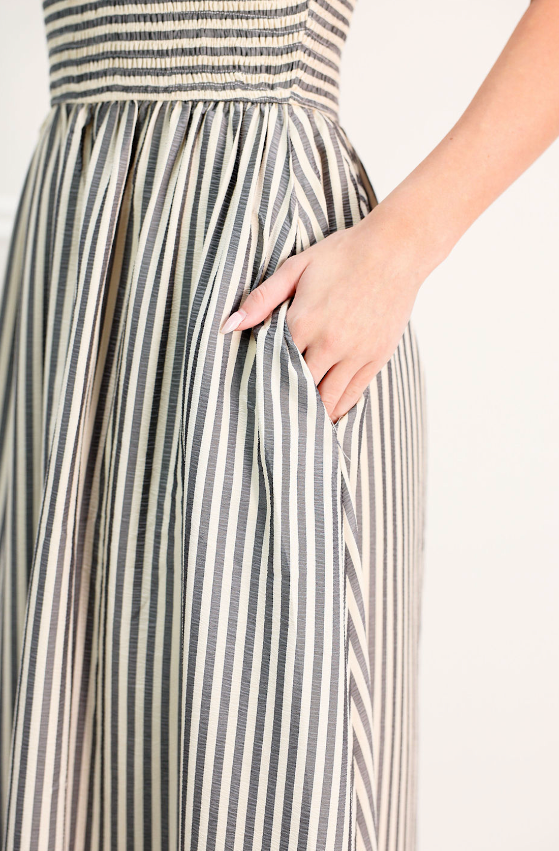 Striped Smocking Maxi Dress Black - Clothe Boutique