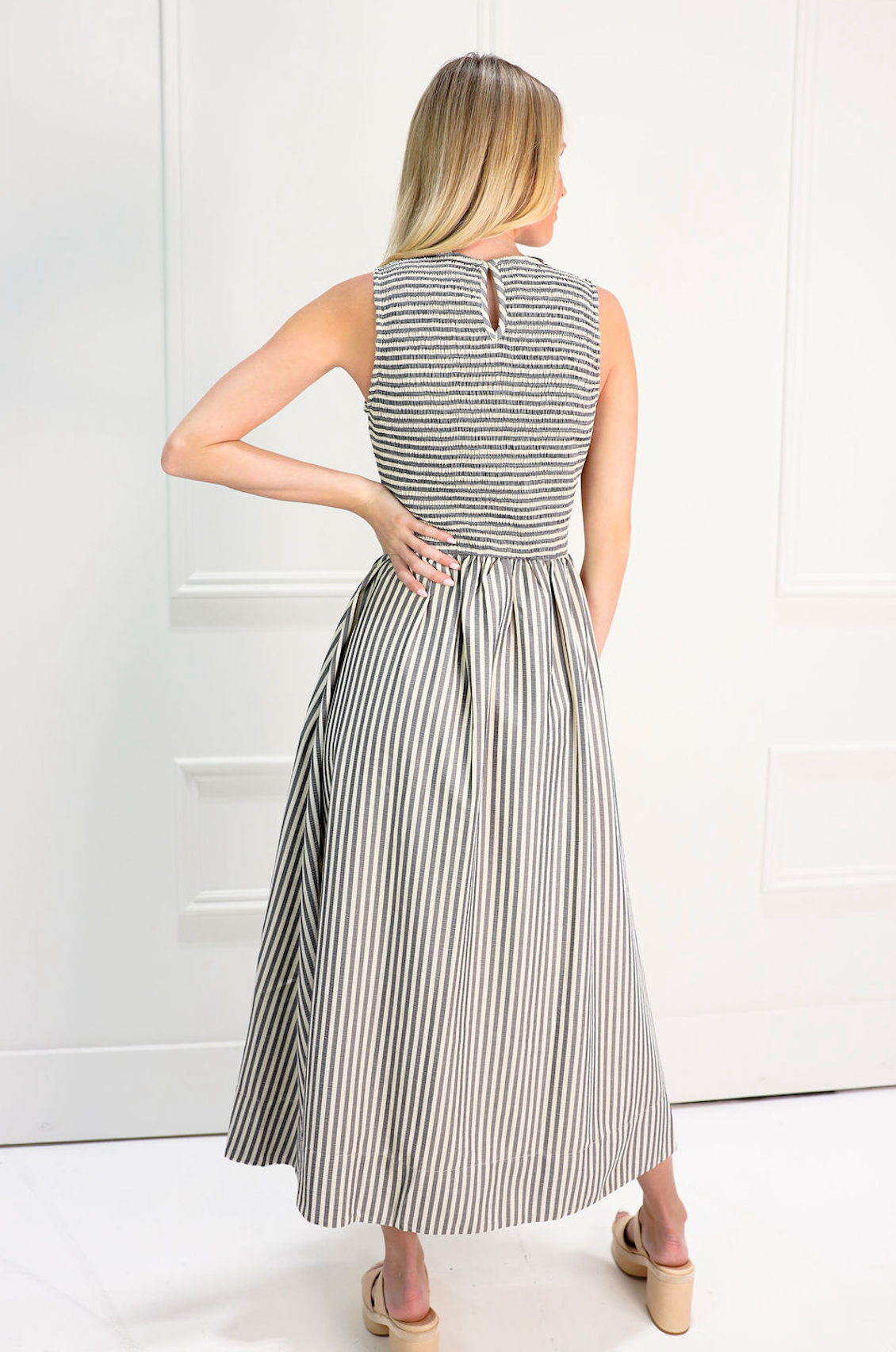 Striped Smocking Maxi Dress Black - Clothe Boutique