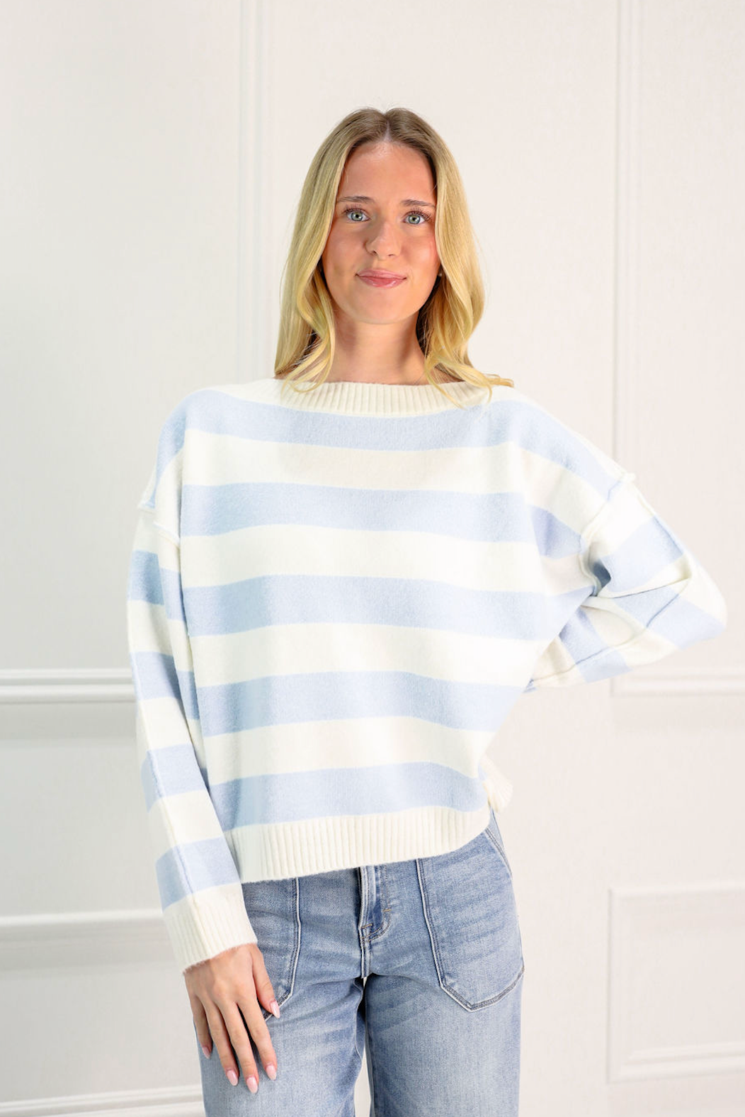Sky Blue Block Stripe Sweater - Clothe Boutique