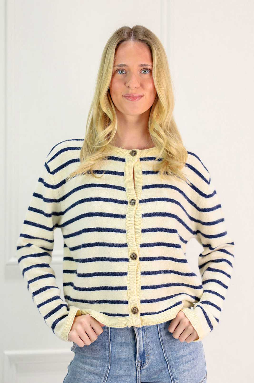 Cream/Navy Stripe Cardigan - Clothe Boutique