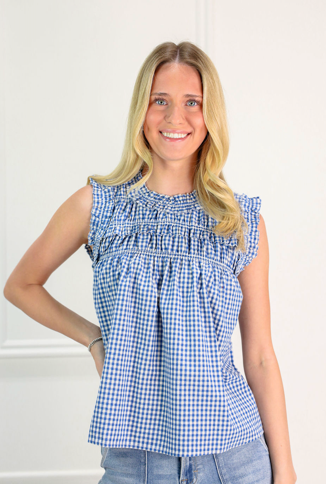 Blue Smocked Gingham Ruffle Blouse - Clothe Boutique