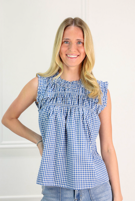 Blue Smocked Gingham Ruffle Blouse - Clothe Boutique