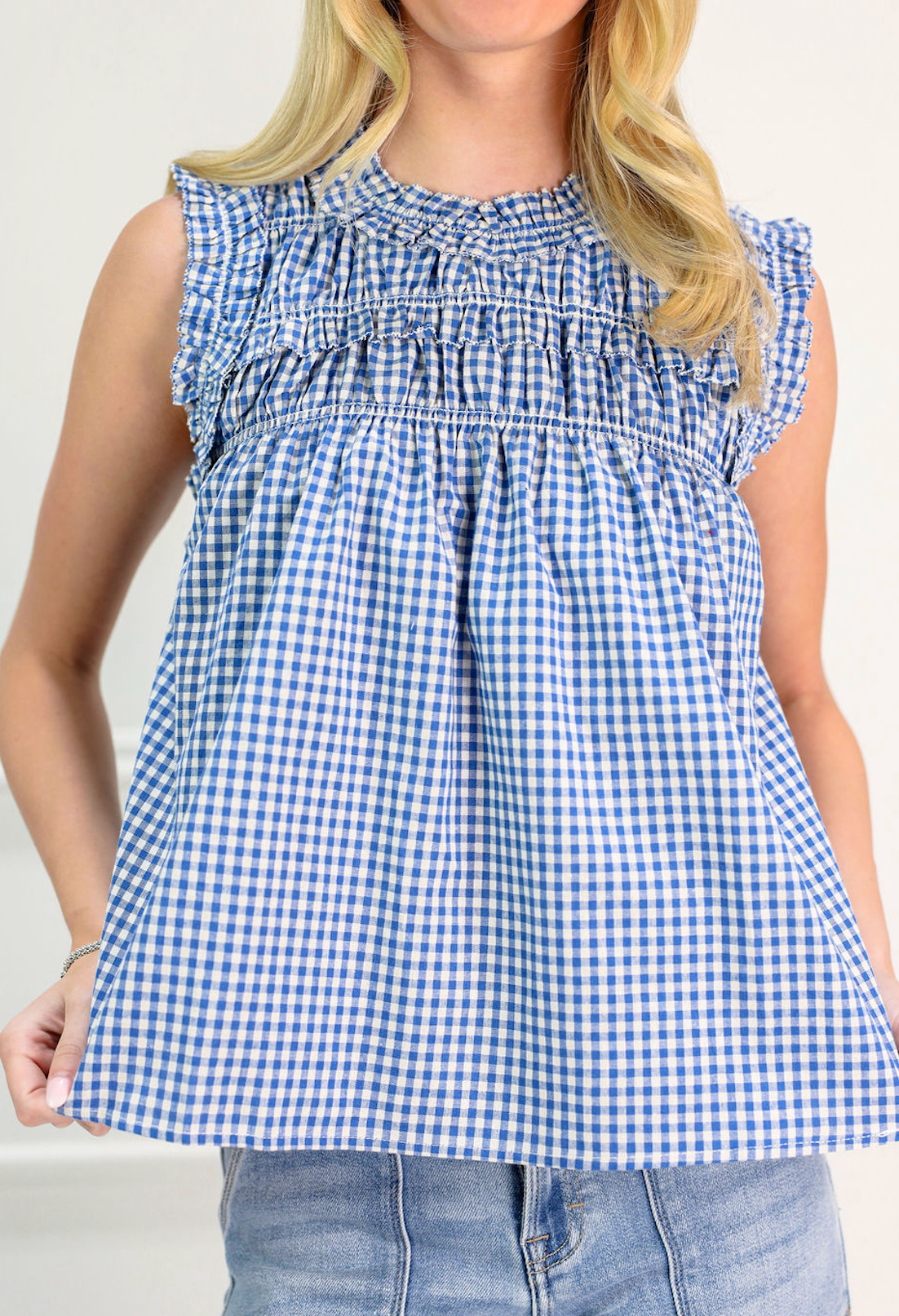 Blue Smocked Gingham Ruffle Blouse - Clothe Boutique