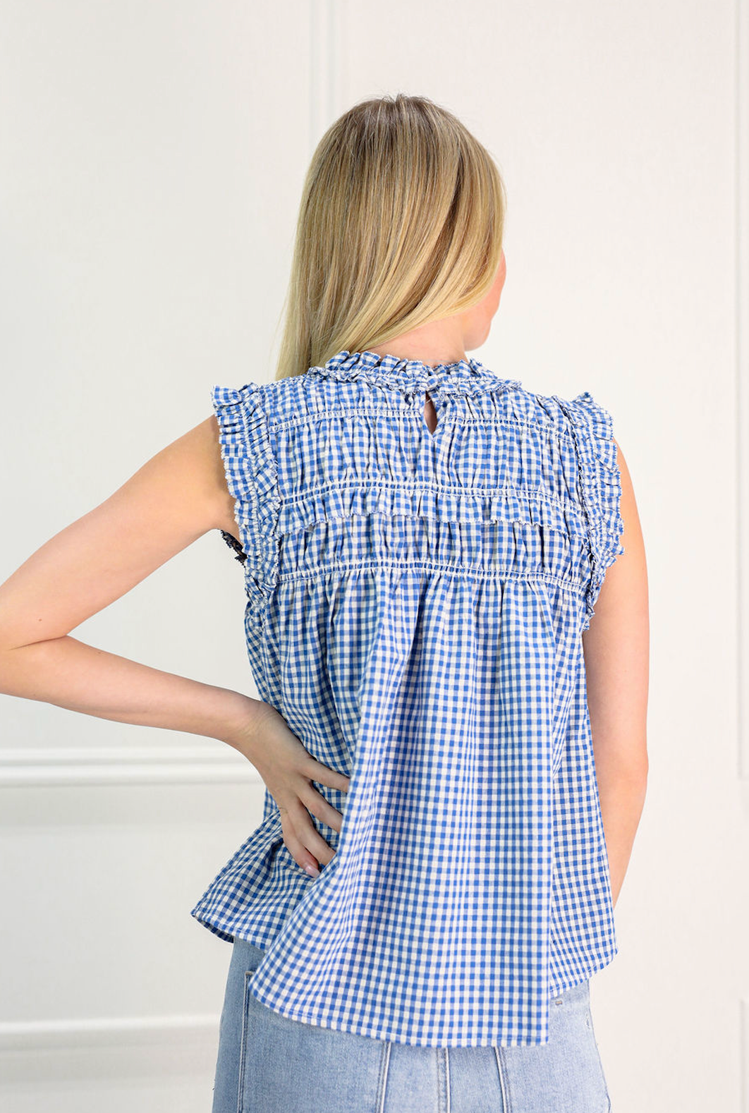 Blue Smocked Gingham Ruffle Blouse - Clothe Boutique