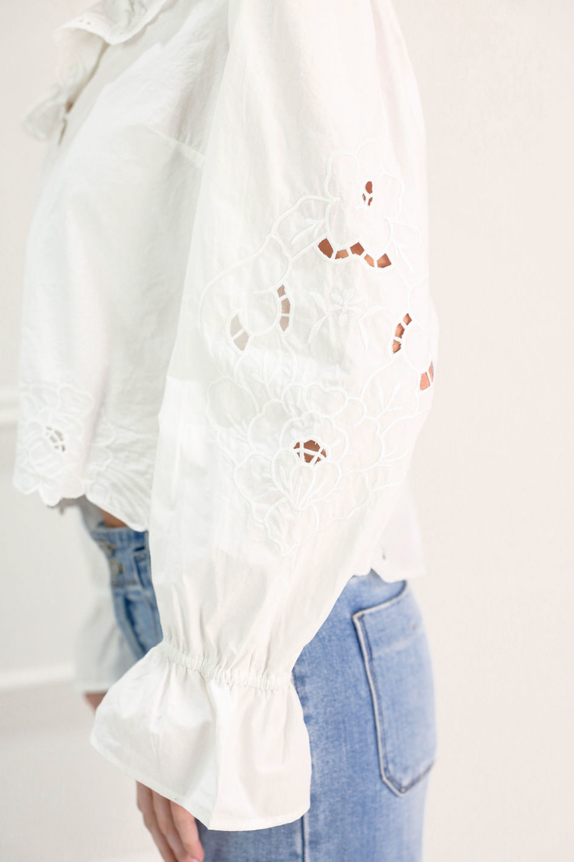 White Embroidered Ruffle Blouse