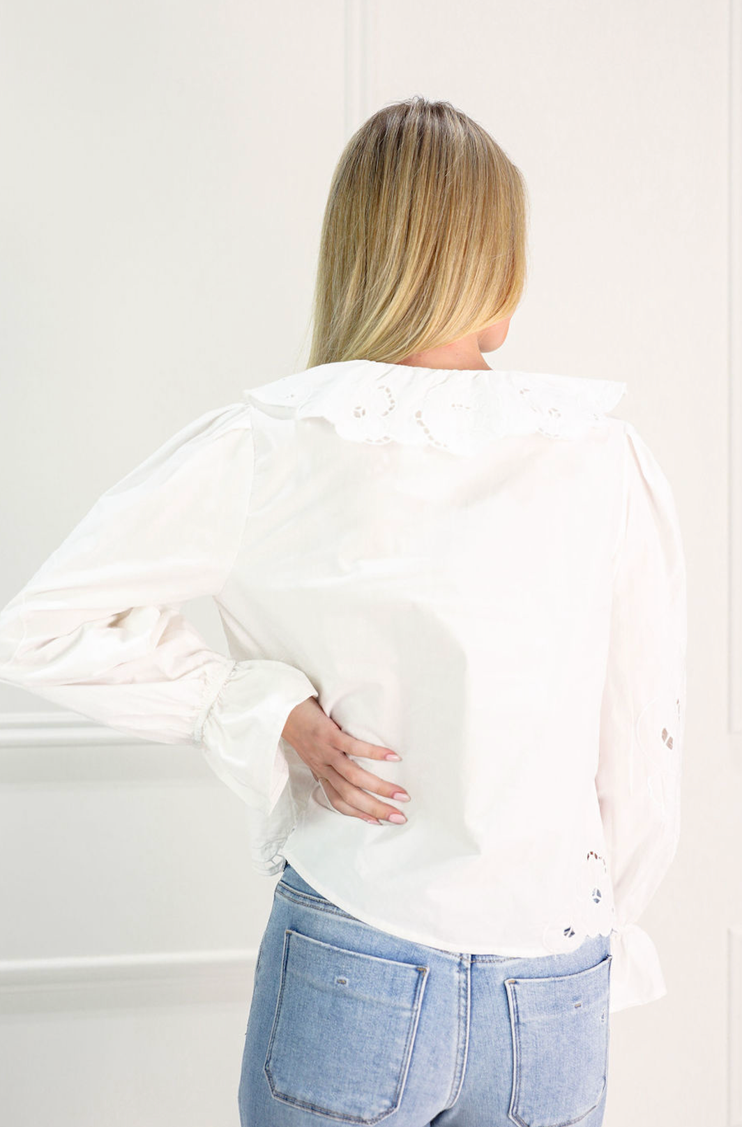 White Embroidered Ruffle Blouse