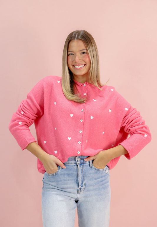 Pink Heart Embroidered Button Cardigan - Clothe Boutique
