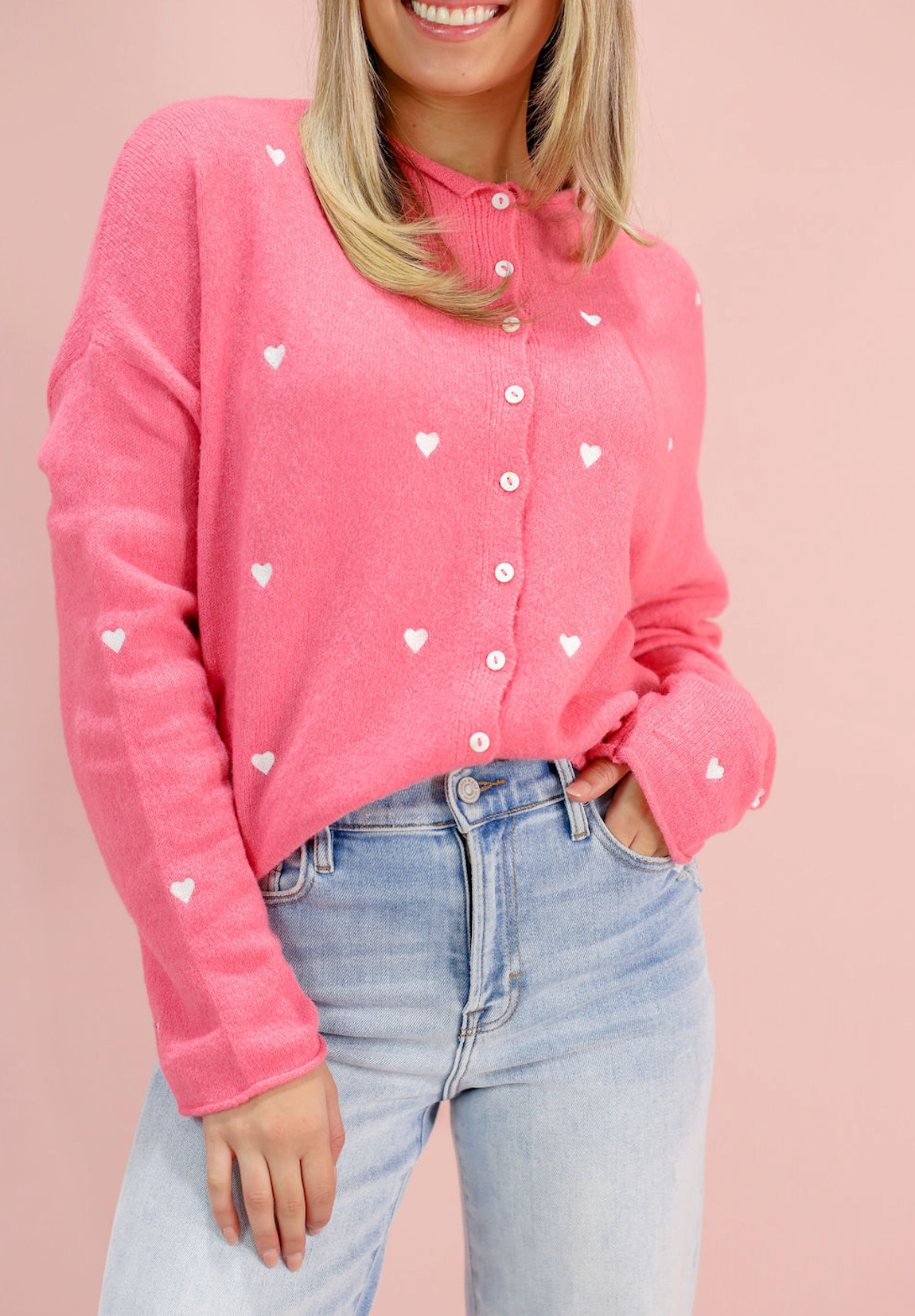 Pink Heart Embroidered Button Cardigan - Clothe Boutique