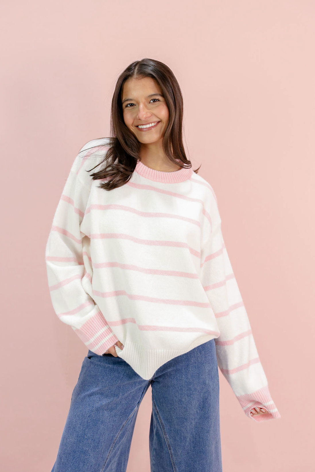 Stripe Crewneck Sweater Pink - Clothe Boutique