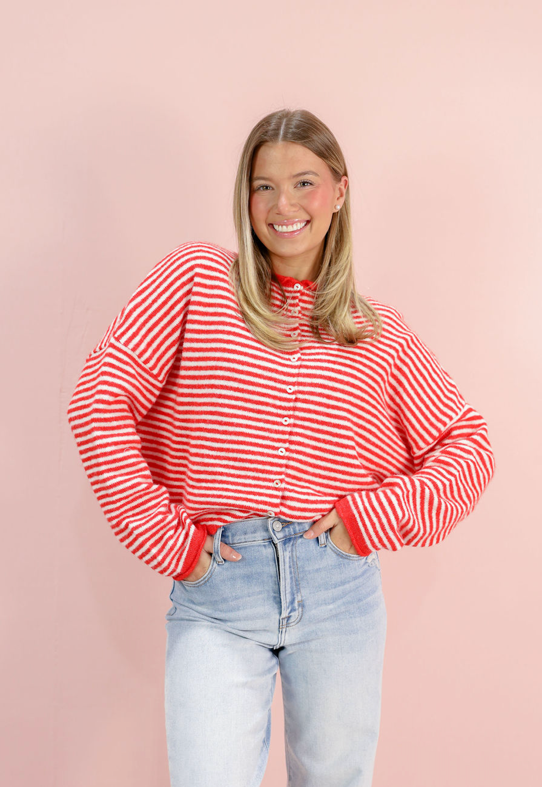 Button Down Cardi Red Stripes - Clothe Boutique
