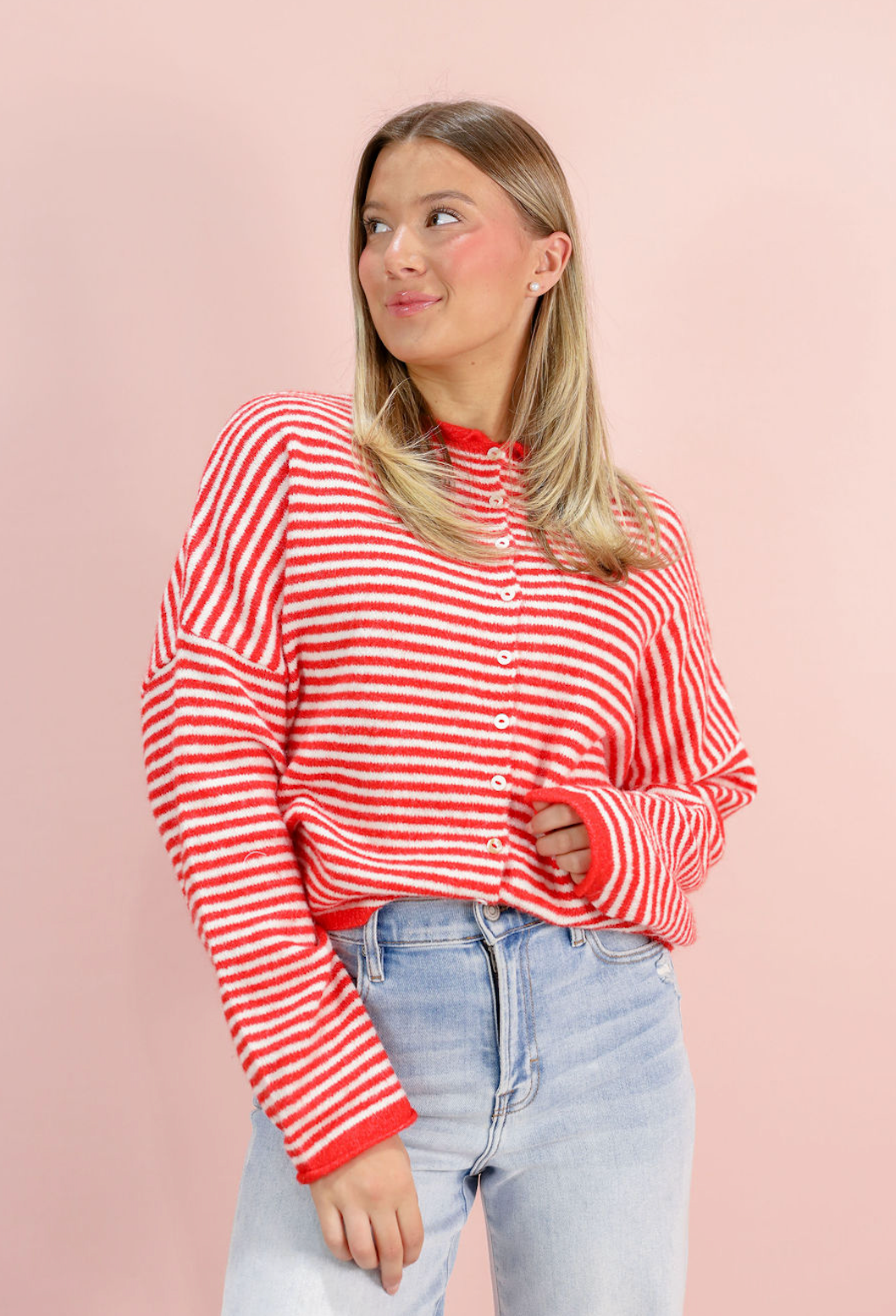 Button Down Cardi Red Stripes - Clothe Boutique