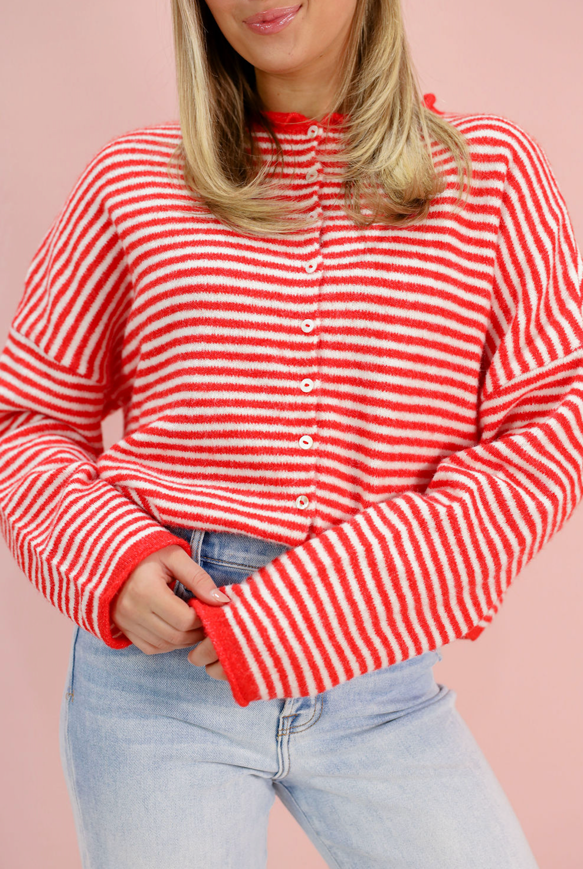 Button Down Cardi Red Stripes - Clothe Boutique