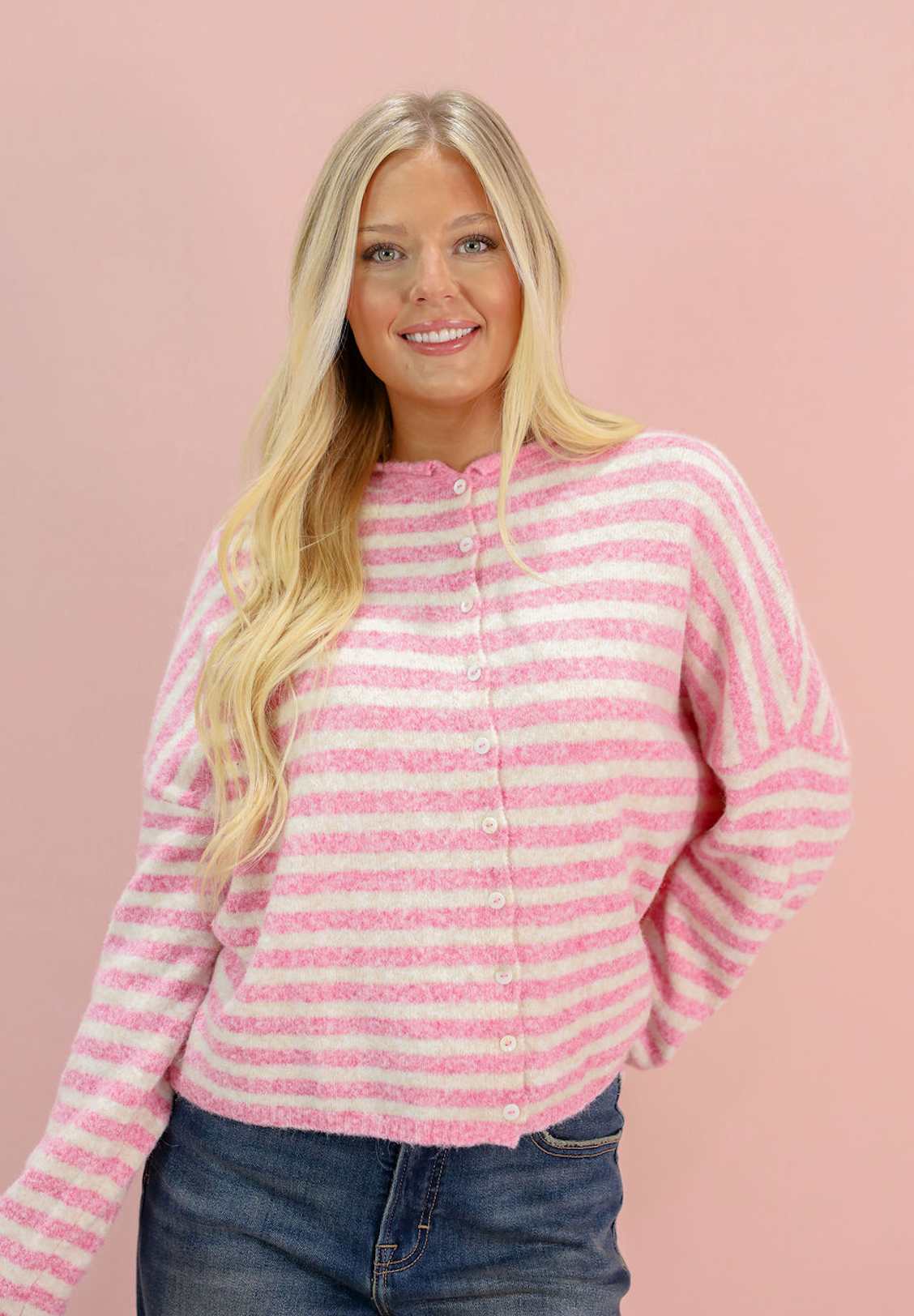Button Down Cardi Pink Stripes - Clothe Boutique
