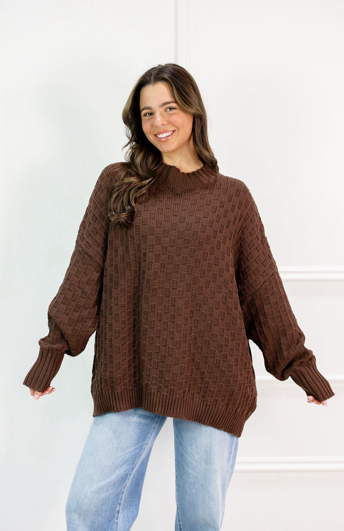 Oversized Mock Checker Sweater Chocolate - Clothe Boutique
