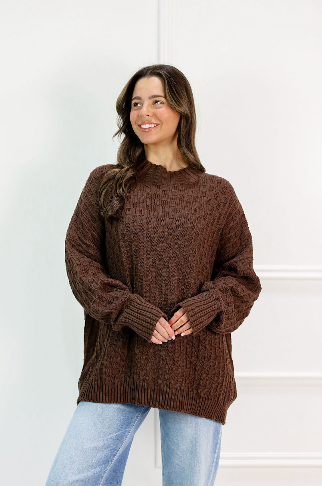 Oversized Mock Checker Sweater Chocolate - Clothe Boutique